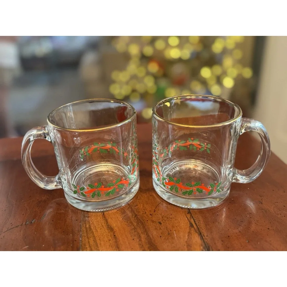 Set Of 2 Vintage Libbey Holly Berry Gold Rimmed Clear Mug‎ Christmas Holiday